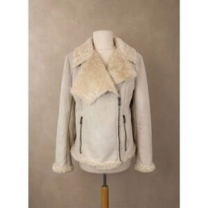 Express Faux Suede Moto Jacket Cream Shearling Collar Zip Front Large